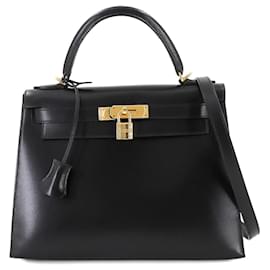 Hermès-Sac à main Hermes Kelly 28 en cuir de veau noir-Noir