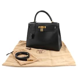Hermès-Sac à main Hermes Kelly 28 en cuir de veau noir-Noir