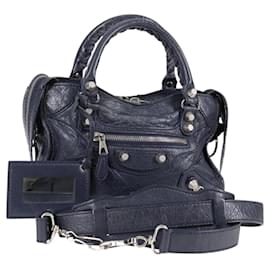 Balenciaga-BALENCIAGA Giant Mini City Hand Bag Leather 2way Navy Silver Auth PP454M-Silvery,Navy blue