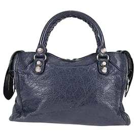Balenciaga-BALENCIAGA Giant Mini City Hand Bag Leather 2way Navy Silver Auth PP454M-Silvery,Navy blue