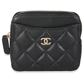 Chanel-Chanel Black Quilted Lambskin Square Zip Card Holder Wallet-Black