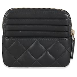 Chanel-Chanel Black Quilted Lambskin Square Zip Card Holder Wallet-Black
