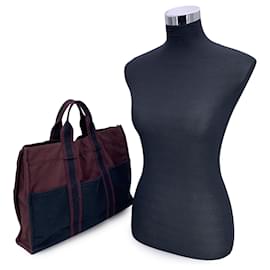 Hermès-Sac fourre-tout MM en toile noir bordeaux vintage Hermes Paris-Noir