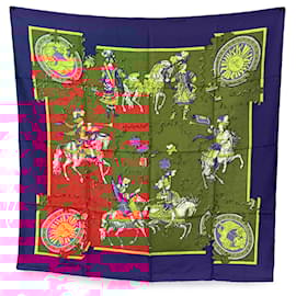 Hermès-Hermes Vintage Red and Blue Silk Puzzle Scarf 1990 Joachim Metz-Blue