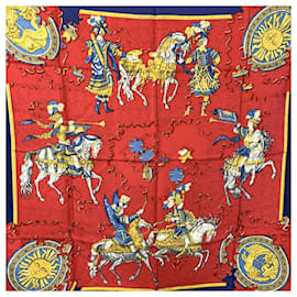 Hermès-Hermes Vintage Red and Blue Silk Puzzle Scarf 1990 Joachim Metz-Blue