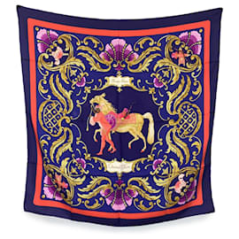 Hermès-Hermes Vintage Blue Silk Cheval Turc Scarf 1969 Christiane Vauzelles-Blue