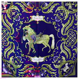 Hermès-Hermes Vintage Blue Silk Cheval Turc Scarf 1969 Christiane Vauzelles-Blue