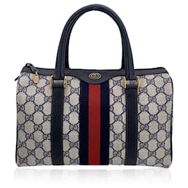 Gucci-Vintage Blue Monogram Canvas Leather Small Web Boston Bag-Blue