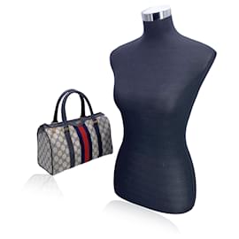 Gucci-Vintage Blue Monogram Canvas Leather Small Web Boston Bag-Blue