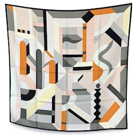 Hermès-Hermes Grey Pink Silk Perspective Cavaliere Scarf 2014 Anamorphèe-Grey