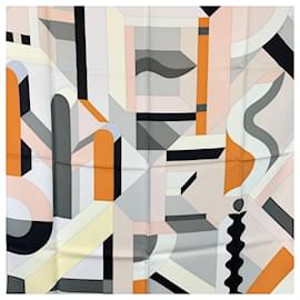 Hermès-Hermes Grey Pink Silk Perspective Cavaliere Scarf 2014 Anamorphèe-Grey