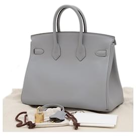 Hermès-Hermes Birkin 25 Handbag in Gray Swift Leather-Brown