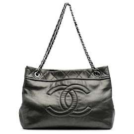 Chanel-Chanel Gray CC Metallic Caviar Soft Tote-Brown,Dark grey