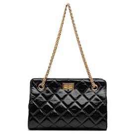Chanel-Chanel Black Reissue 2.55 Glazed Crackled Calfskin Shopping Bag-Black