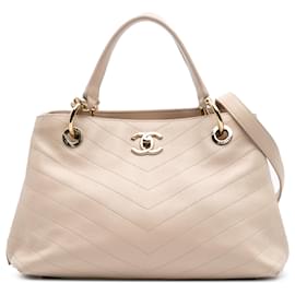 Chanel-Chanel Brown Large CC Chevron Calfskin Stitched Shopping Tote-Brown,Beige