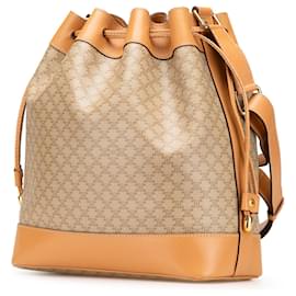 Céline-Celine Brown Macadam Coated Canvas Drawstring Bucket-Brown,Beige