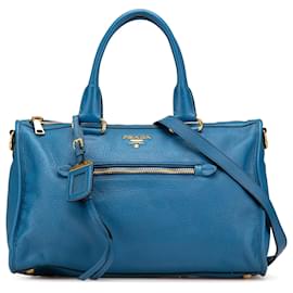 Prada-Prada Blue Vitello Daino Zip Top Satchel-Blue