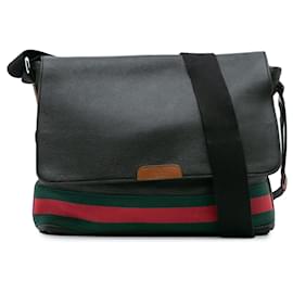 Gucci-Gucci Black Leather Web Messenger Bag-Black