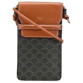 Céline-Celine Brown Triomphe Coated Canvas Phone Pouch Flap Crossbody-Brown,Dark brown