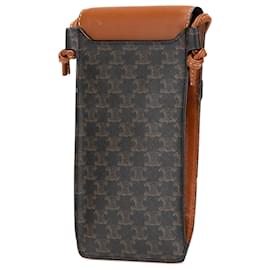 Céline-Celine Brown Triomphe Coated Canvas Phone Pouch Flap Crossbody-Brown,Dark brown