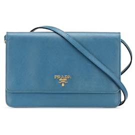 Prada-Prada Blue Saffiano Wallet on Strap-Blue