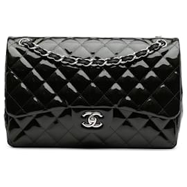 Chanel-Chanel Black Jumbo Classic Striped Patent Double Flap-Black