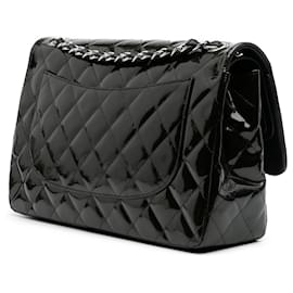Chanel-Chanel Black Jumbo Classic Striped Patent Double Flap-Black