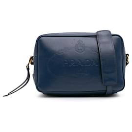 Prada-Prada Blue Glace Calf Logo Embossed Crossbody-Blue
