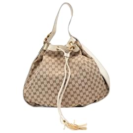 Gucci-Gucci Brown GG Canvas Interlocking Icon Drawstring Hobo-Brown,Beige