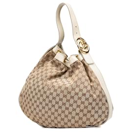 Gucci-Gucci Brown GG Canvas Interlocking Icon Drawstring Hobo-Brown,Beige