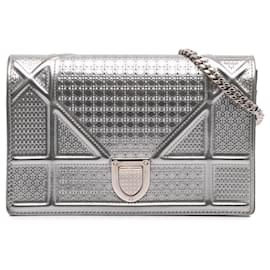 Dior-Dior Silver Metallic Patent Microcannage Diorama Wallet on Chain-Silvery