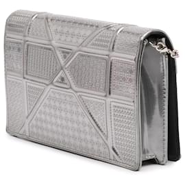 Dior-Dior Silver Metallic Patent Microcannage Diorama Wallet on Chain-Silvery