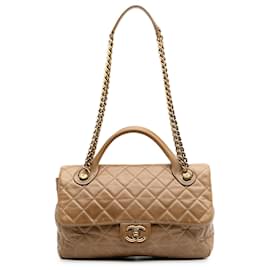 Chanel-Chanel Brown Medium Glazed Calfskin Castle Rock Top Handle Flap-Brown