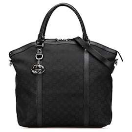 Gucci-Gucci Black Large GG Canvas Charm Dome Satchel-Black