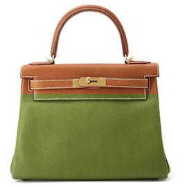 Hermès-Hermes Kelly 28 Handbag in Fauve Barenia Leather-Red