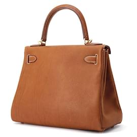 Hermès-Hermes Kelly 28 Handbag in Fauve Barenia Leather-Red