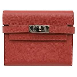 Hermès-Hermes Kelly Compact Wallet Leather Red-Red