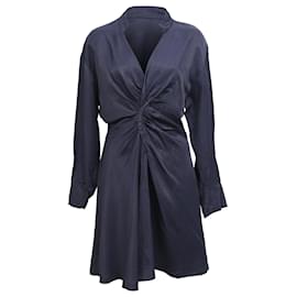Sandro- Sandro Paris Gathered Mini Shirt Dress in Blue Viscose-Blue,Navy blue