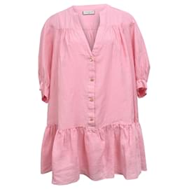 Sandro- Sandro Paris Buttoned Mini Flared Dress in Pink Linen-Pink