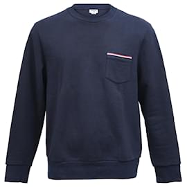Thom Browne-Thom Browne Classic Loopback Stripe Pocket Crewneck Sweatshirt in Navy Blue Cotton-Blue,Navy blue