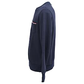 Thom Browne-Thom Browne Classic Loopback Stripe Pocket Crewneck Sweatshirt in Navy Blue Cotton-Blue,Navy blue