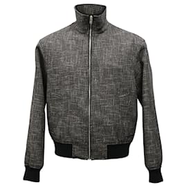Bottega Veneta- Bottega Veneta Zipped Bomber Jacket  in Black Tweed Wool-Grey