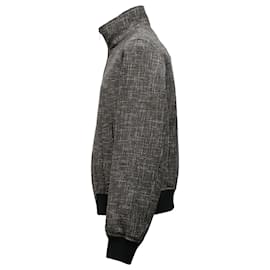 Bottega Veneta- Bottega Veneta Zipped Bomber Jacket  in Black Tweed Wool-Grey