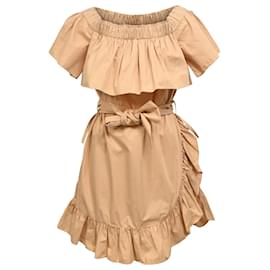 Sandro- Sandro Paris Ruffled Off-Shoulder Mini Dress in Brown Cotton-Brown,Red