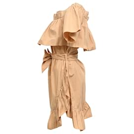 Sandro- Sandro Paris Ruffled Off-Shoulder Mini Dress in Brown Cotton-Brown,Red