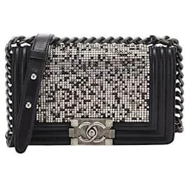 Chanel-Chanel 14P Limited Edition Swarovski Crystals Strass Small Black Leather Boy Handbag-Black
