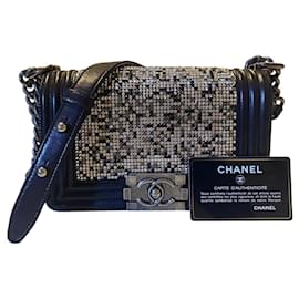 Chanel-Chanel 14P Limited Edition Swarovski Crystals Strass Small Black Leather Boy Handbag-Black
