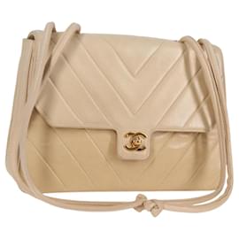 Chanel-CHANEL V Stitch Shoulder Bag Lamb Skin Gold Beige CC Auth PP445-Beige,Golden