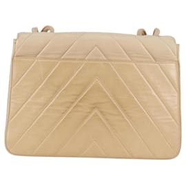 Chanel-CHANEL V Stitch Shoulder Bag Lamb Skin Gold Beige CC Auth PP445-Beige,Golden