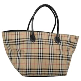 Autre Marque-Burberrys Nova Check Blue Label Tote Bag Nylon Beige Silver Auth kk487-Silvery,Beige